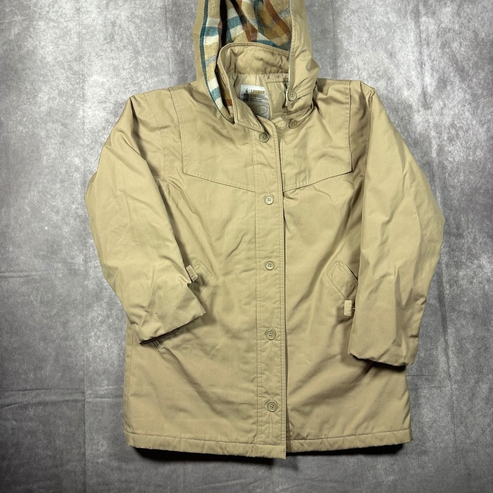 Vintage London Fog Hooded Parka Womens 6 Reg Tan Plaid Lined 80s 90s Jacket